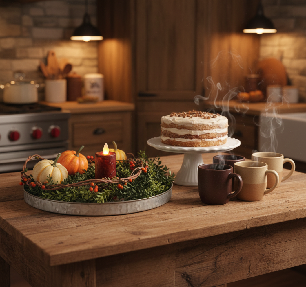 Wooden table with a cake, mugs, and a decorative wreath in a kitchen setting.