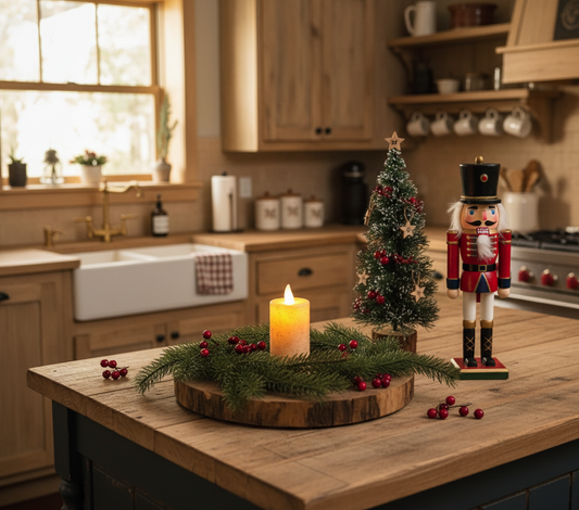 Moving flame battery operated candle on wood tray next to a bottle brush tree and nutcracker in a kitchen setting
