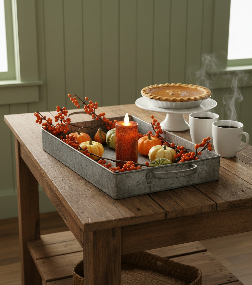 Decorative tray with pumpkins, berries, and a pie on a wooden table.