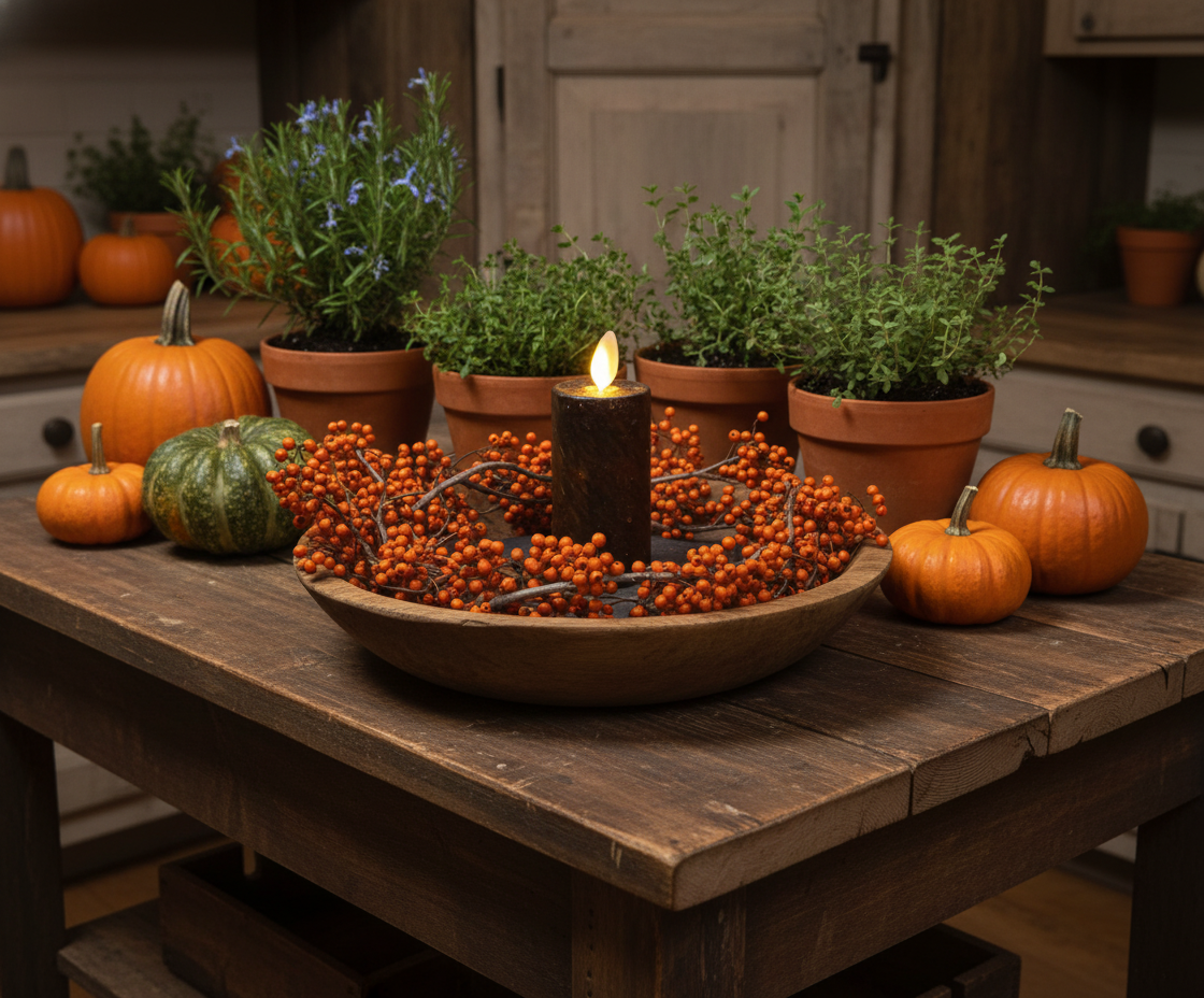 Decorative setup with pumpkins, candles, and plants on a wooden table.