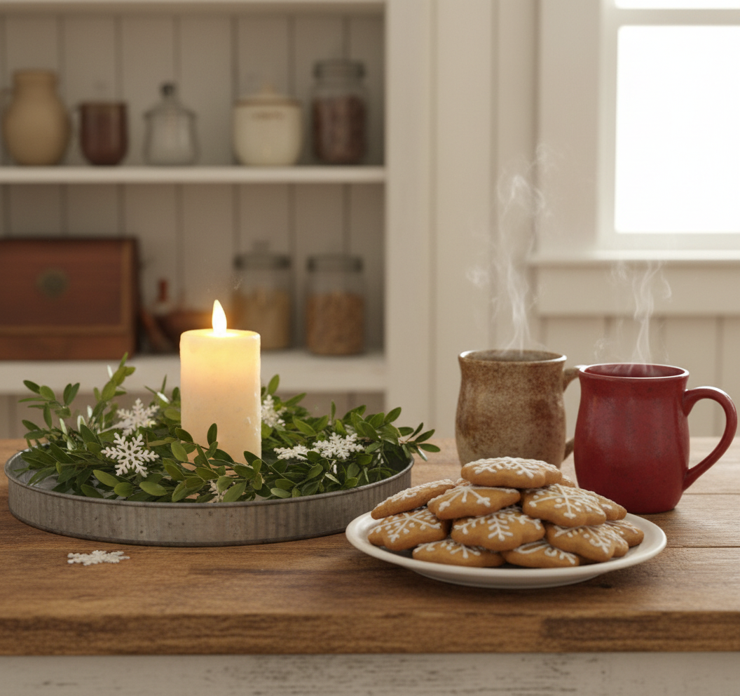 Candle, cookies, and mugs on a wooden table with a cozy kitchen background