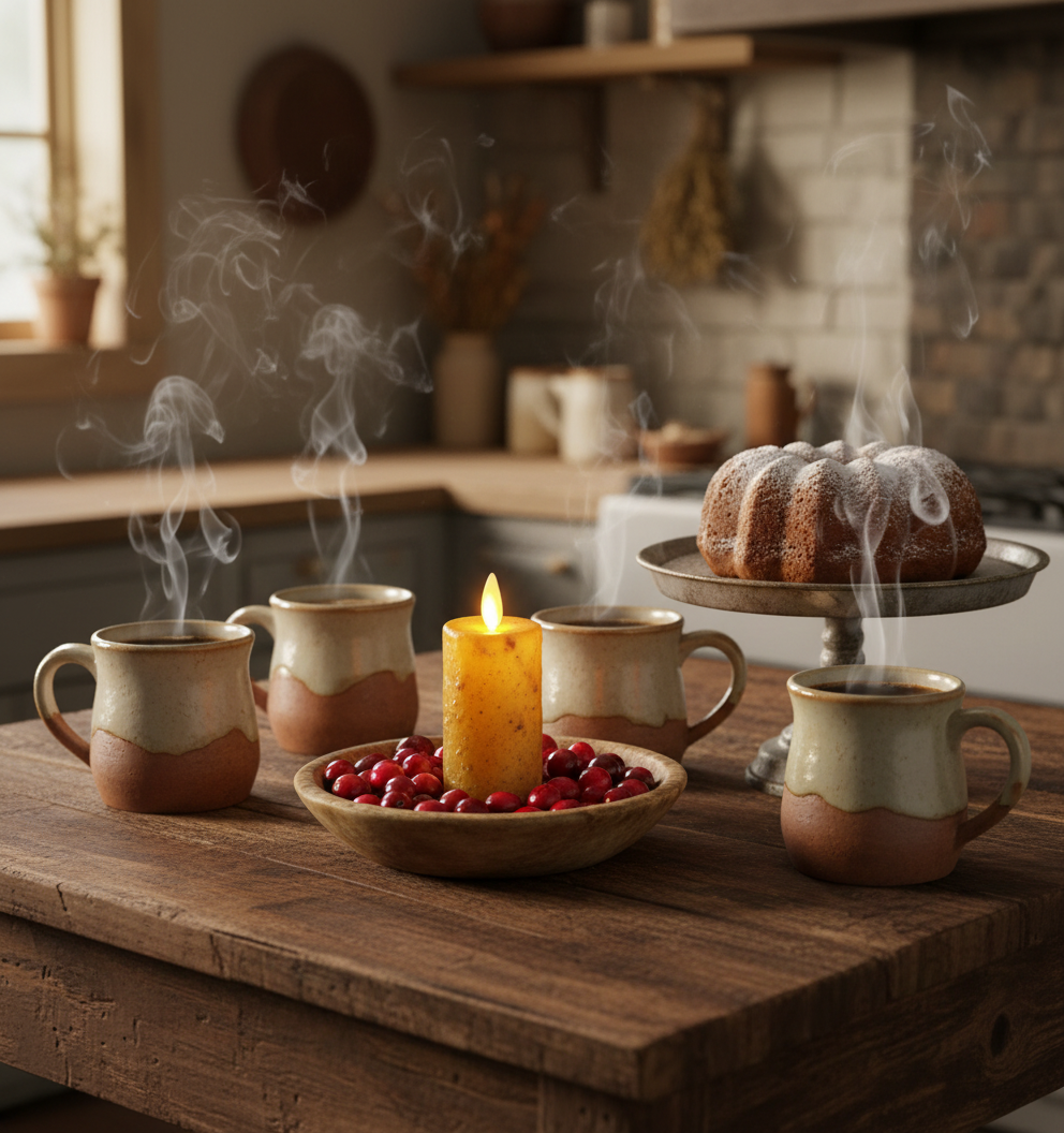 Candle with red berries on a wooden table in a kitchen setting