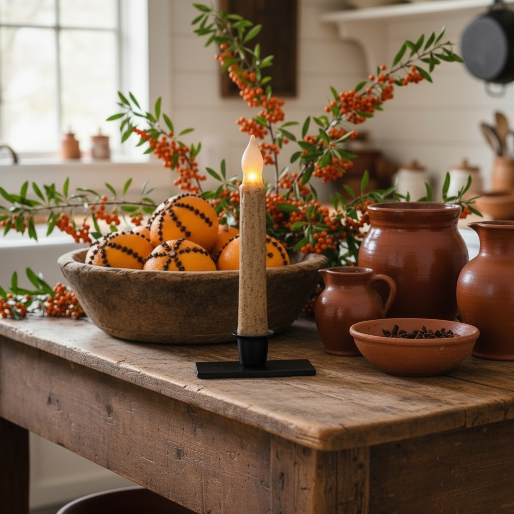 Decorative setting with a candle, bowl of oranges, and potted plants on a wooden table.