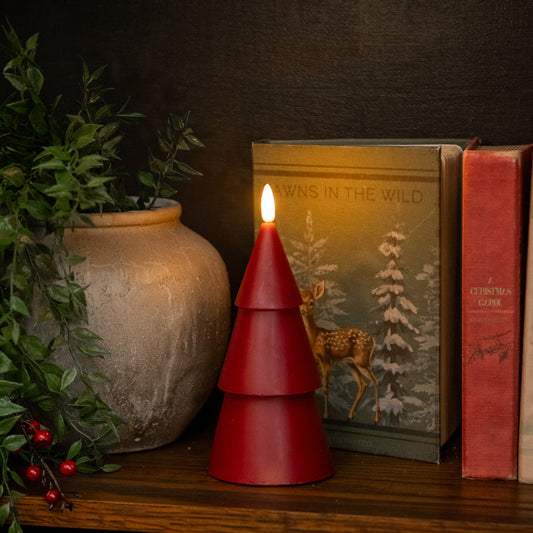 Red candle shaped like a Christmas tree on a shelf with books and a plant.