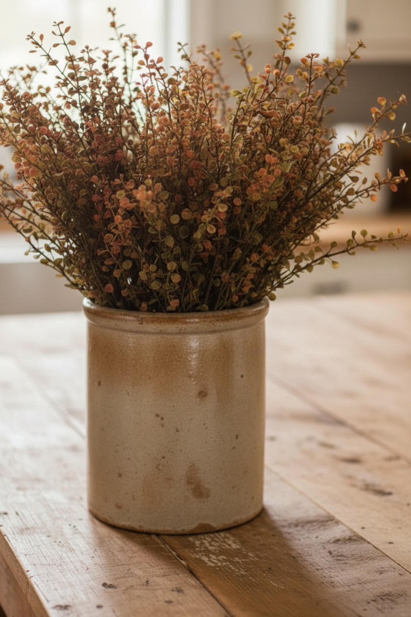 Dried flowers in a rustic ceramic pot on a wooden surface