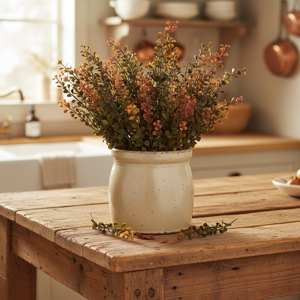 Potted plant on a wooden table in a kitchen setting