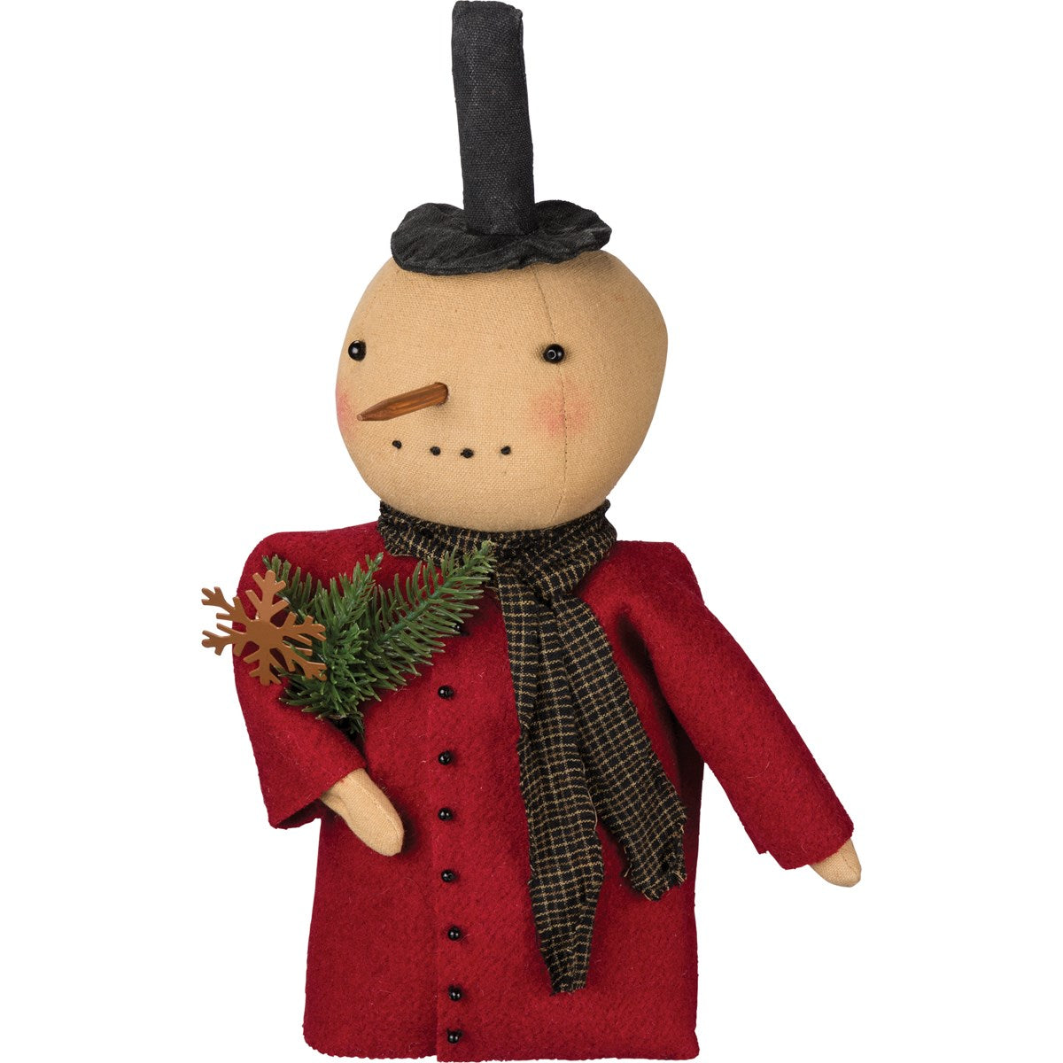 A stuffed toy resembling a snowman with a red coat, black hat, and a scarf. It is holding a greenery bundle and has stitched and beaded facial features.