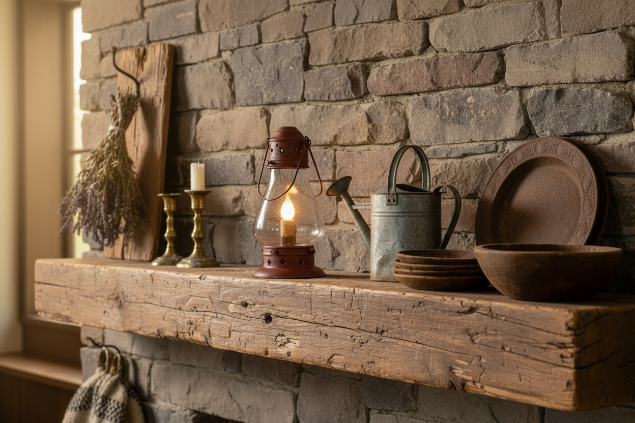 Wooden mantel with decorative items against a stone wall.