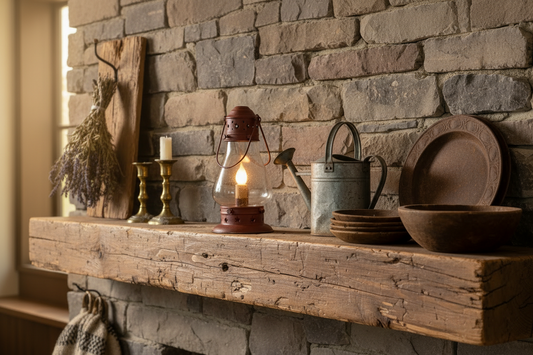 Wooden mantel with decorative items against a stone wall.
