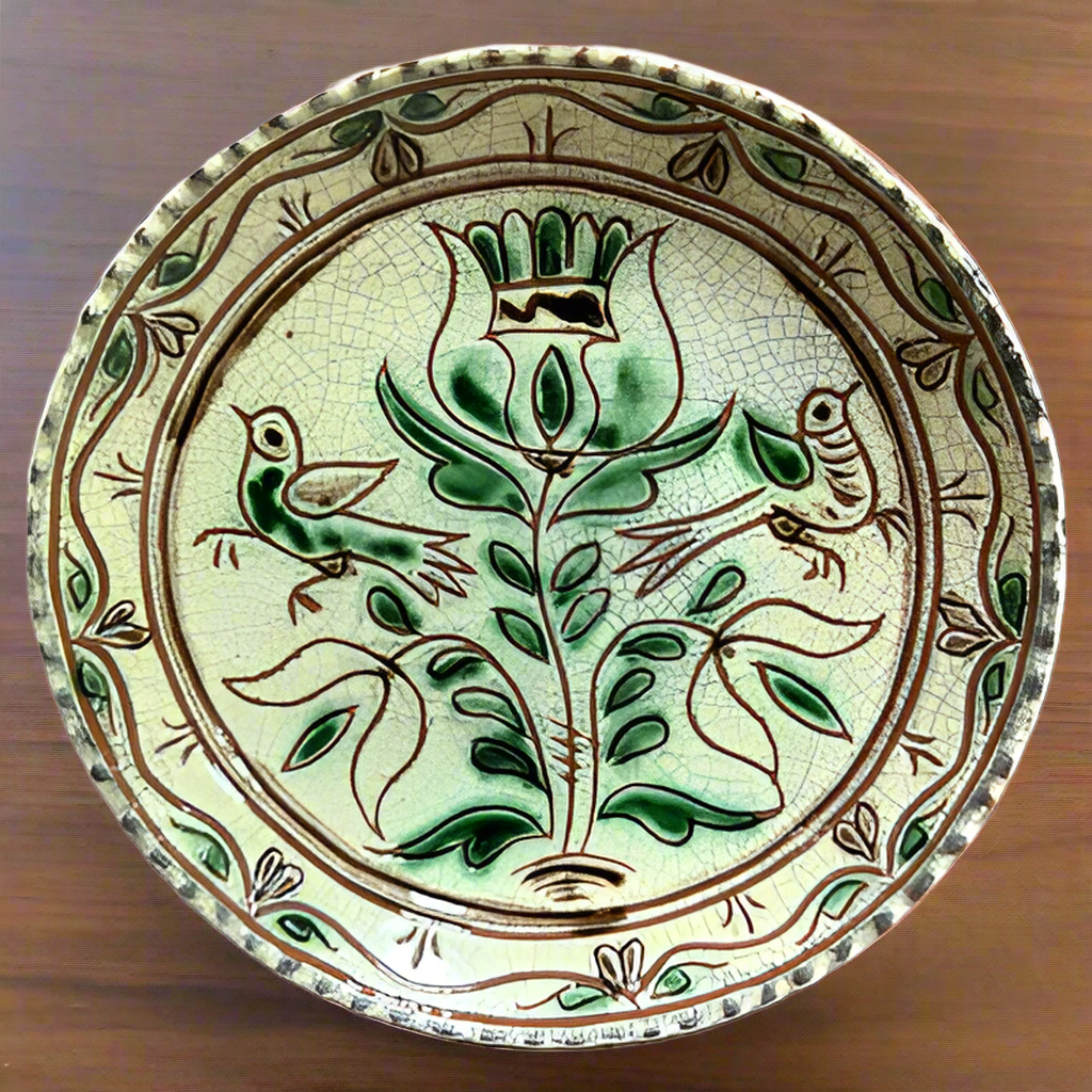 A round redware ceramic plate with a floral design and birds perched on branches, predominantly green in color with a white background.