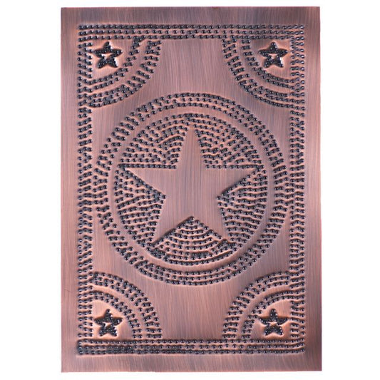 A solid copper panel with a pierced design featuring a star and other geometric shapes, giving a country mood.