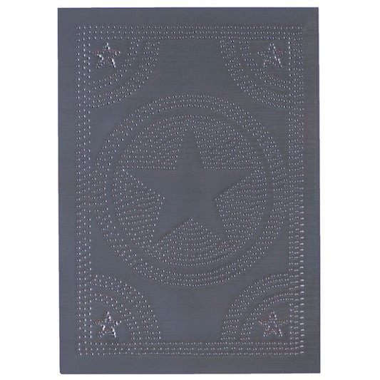A metal cabinet door with a regular star design and a country tin finish.