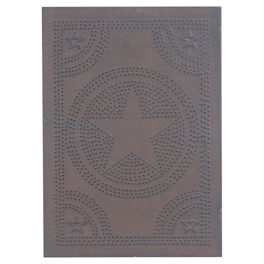 A tin metal punch panel with a star pattern design, used for enhancing cabinet doors or for furniture projects.