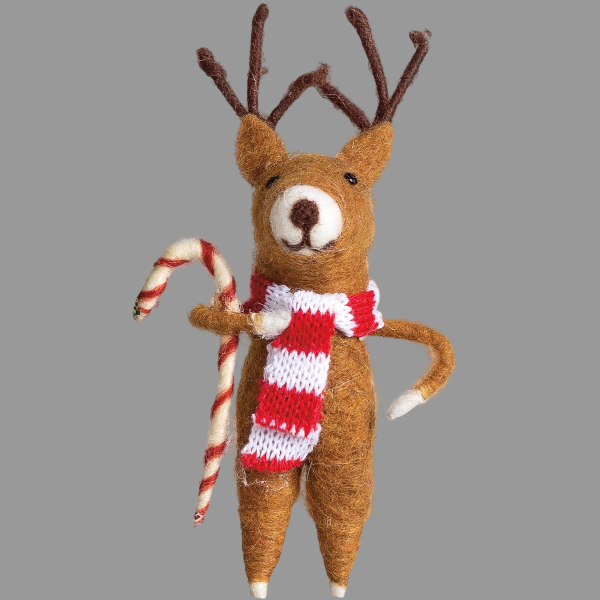 A felt reindeer ornament with a scarf and candy cane, designed for hanging during the holiday season.
