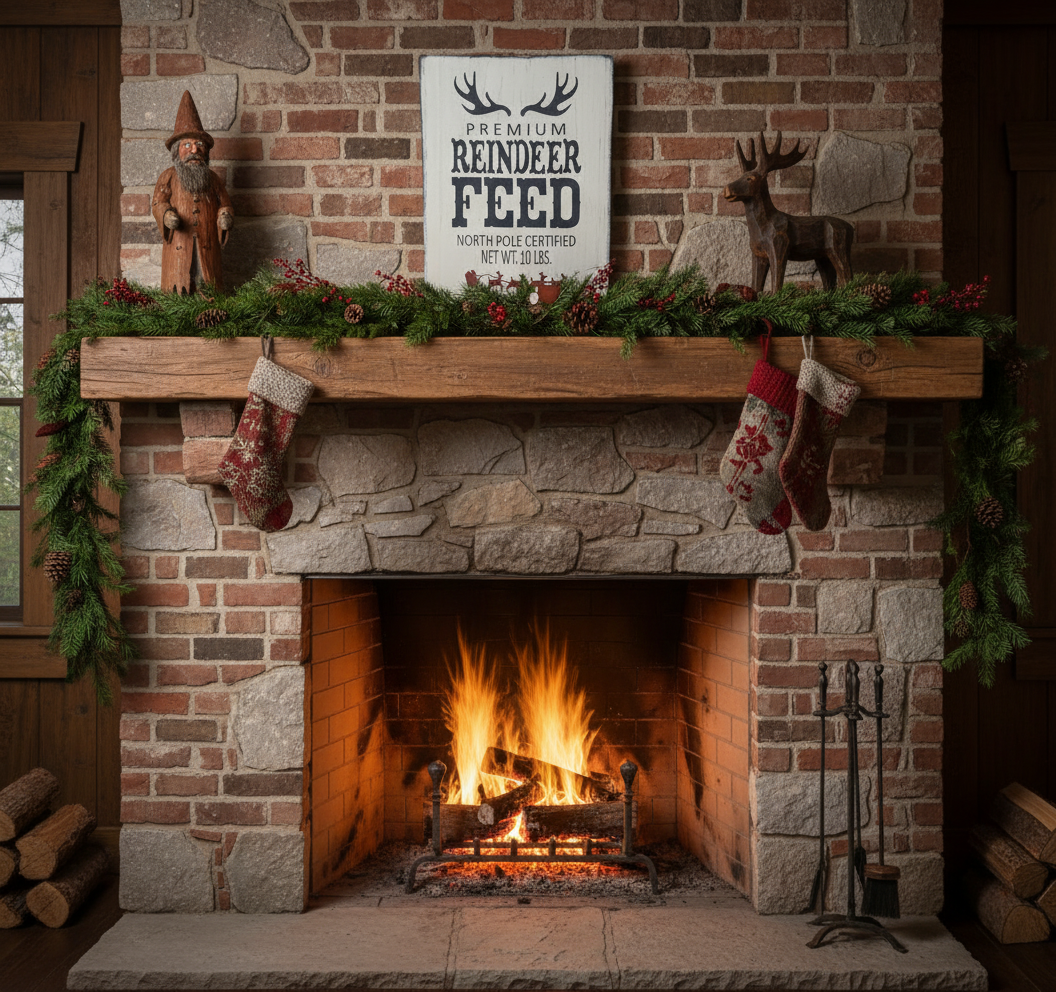 Cozy fireplace with Christmas decorations, including stockings and a sign on a brick wall.