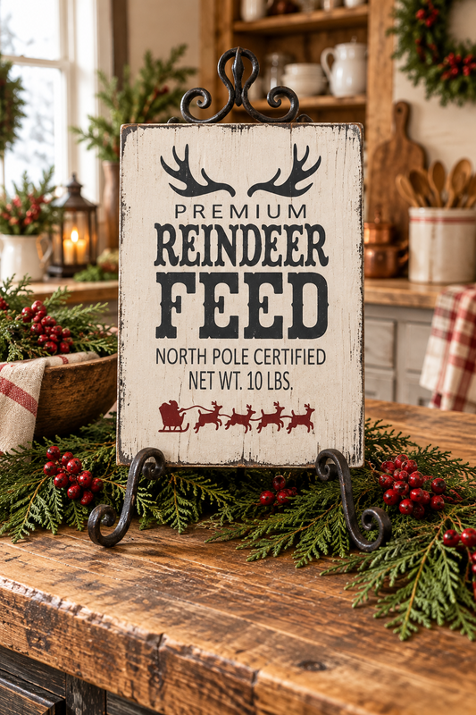 A rustic white wooden sign on a black metal easel stand, reading 'PREMIUM REINDEER FEED NORTH POLE CERTIFIED NET WT. 10 LBS.