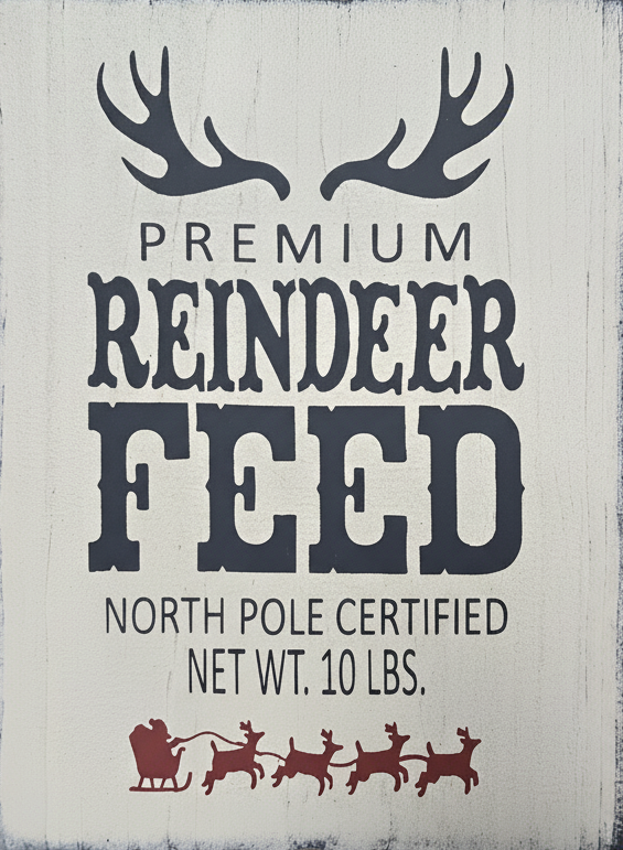 Wooden sign with text 'Premium Reindeer Feed' and a reindeer illustration on a light background