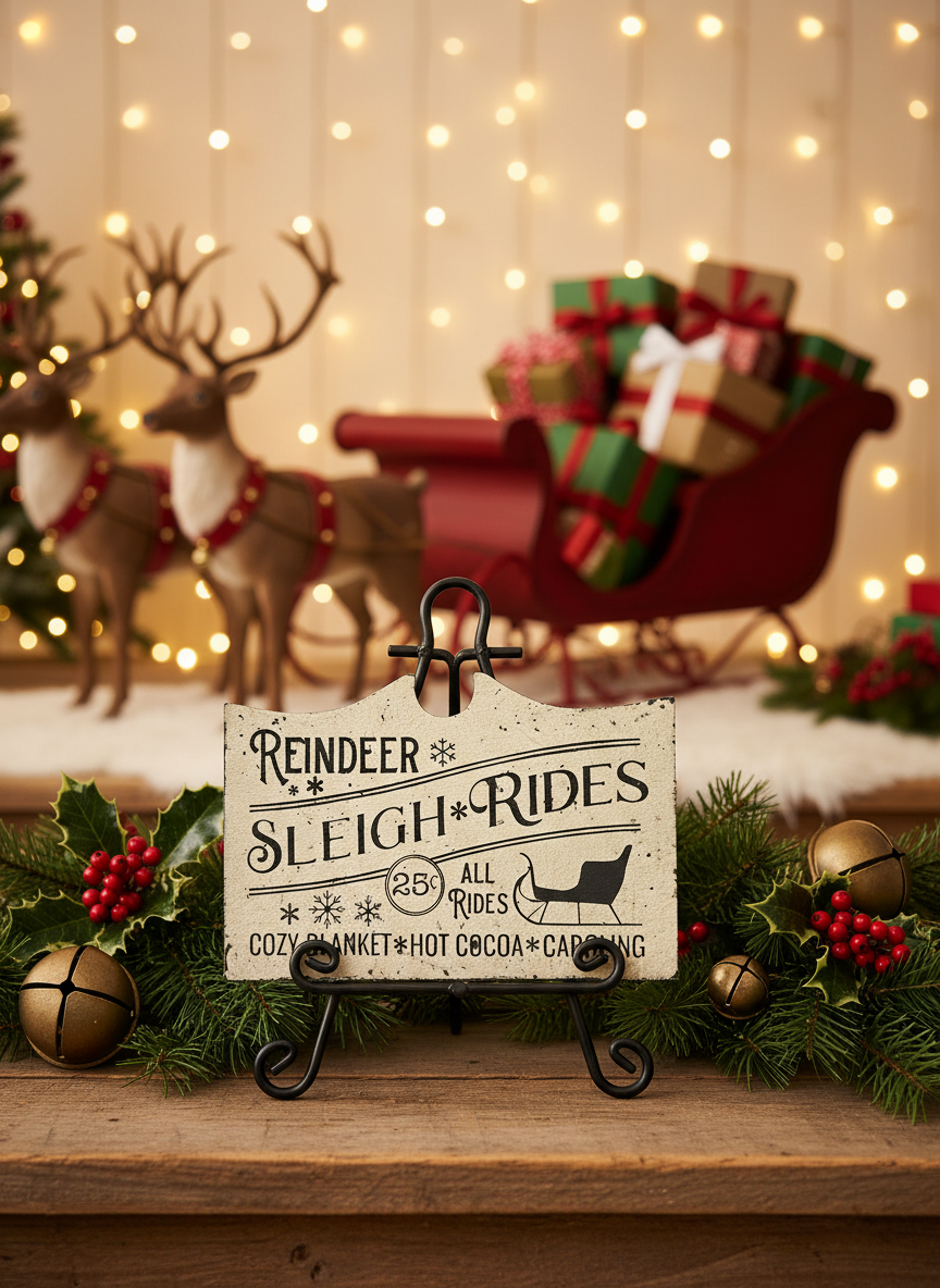 Decorative sign for reindeer sleigh rides with Christmas decorations in the background.