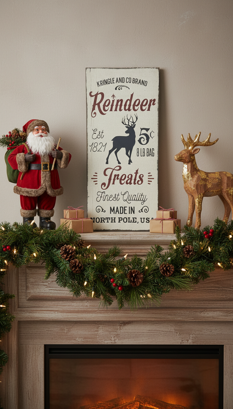 Decorative Christmas mantel with Santa figure, reindeer sign, and garland.