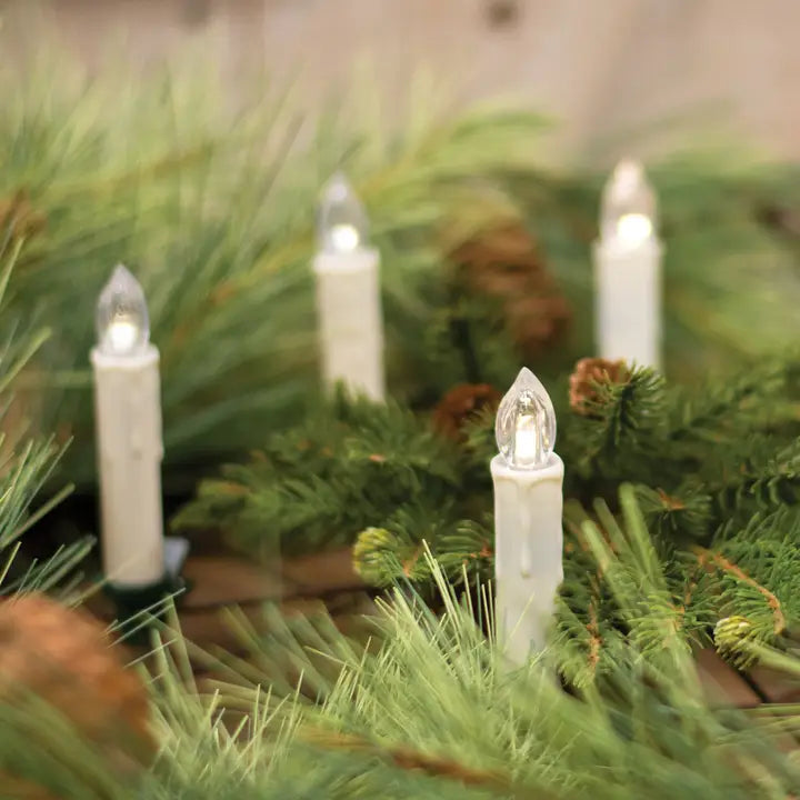 A set of ivory taper candles with dark green clip bases, displayed amidst decorative greenery.