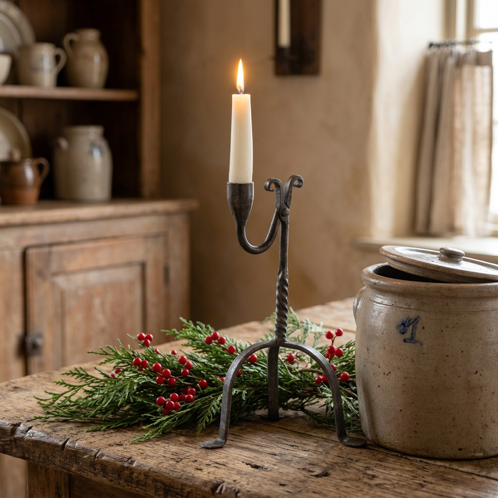 Reproduction wrought iron candle holder with stoneware crock and fresh cedar greens and berries.