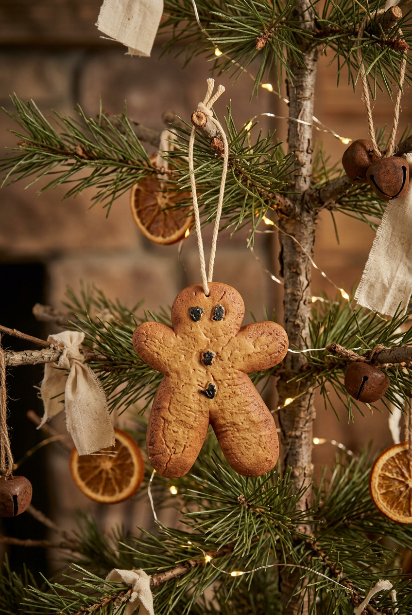 Resin gingerbread man ornament hanging from primitive Christmas tree.