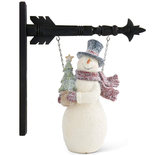 Decorative snowman with an arrow on a white background