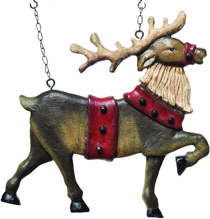 Detail close up of reindeer hanging from chain.