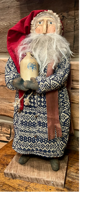 Primitive Clay Faced Santa with Crock