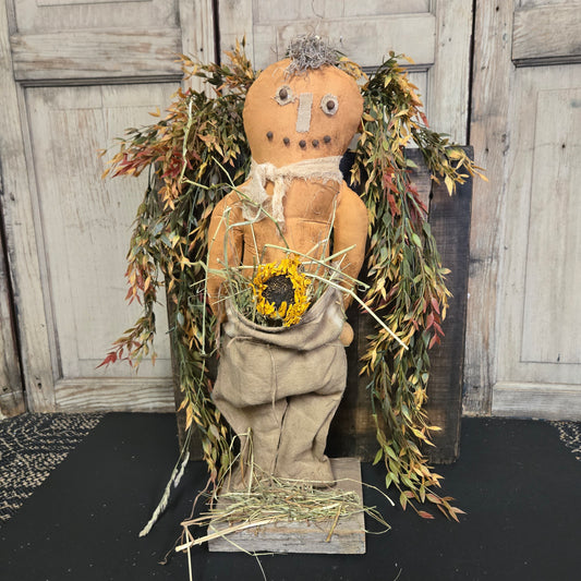 Primitive Pumpkin Guy with Sunflower and Gourd