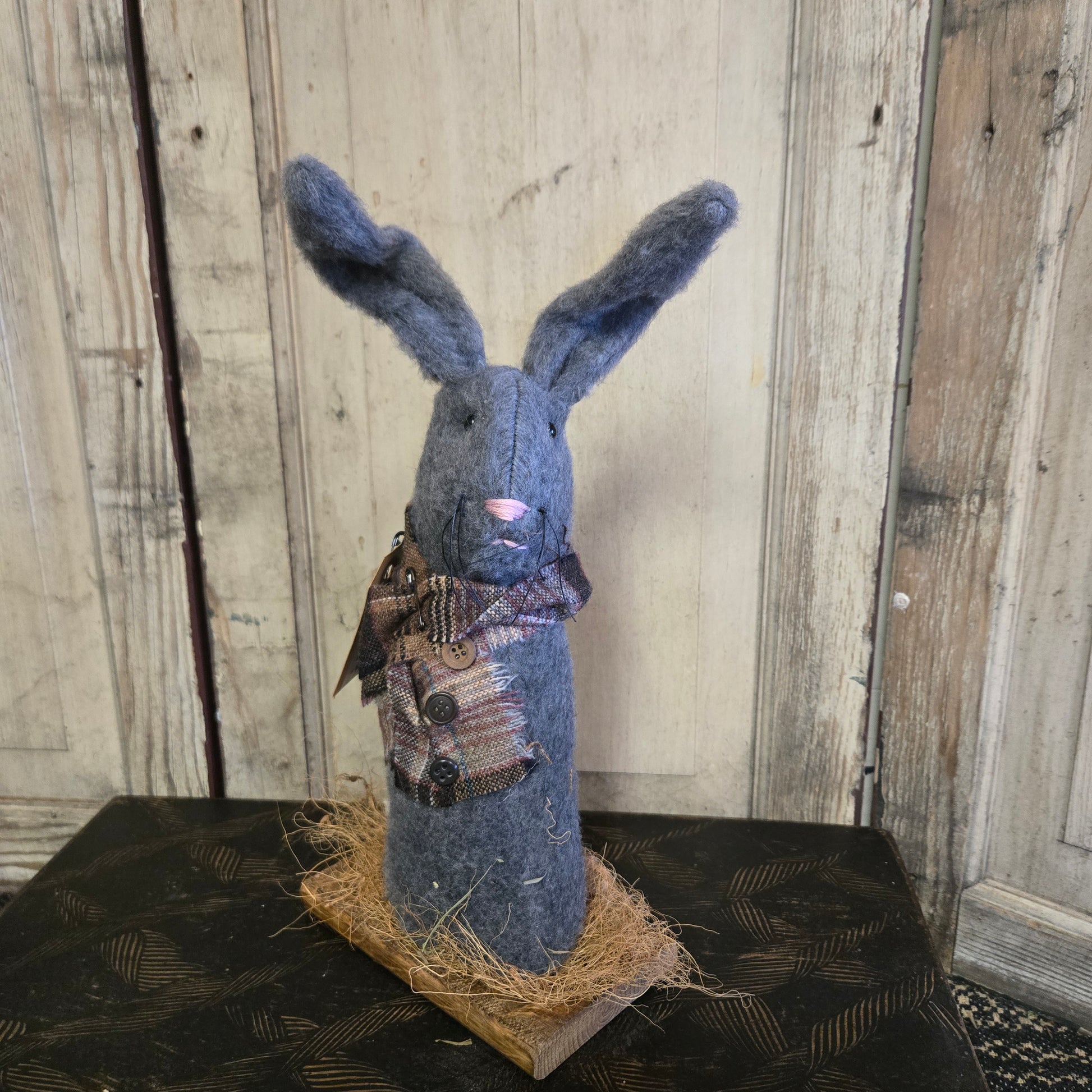 Primitive Gray Bunny on Wooden Base