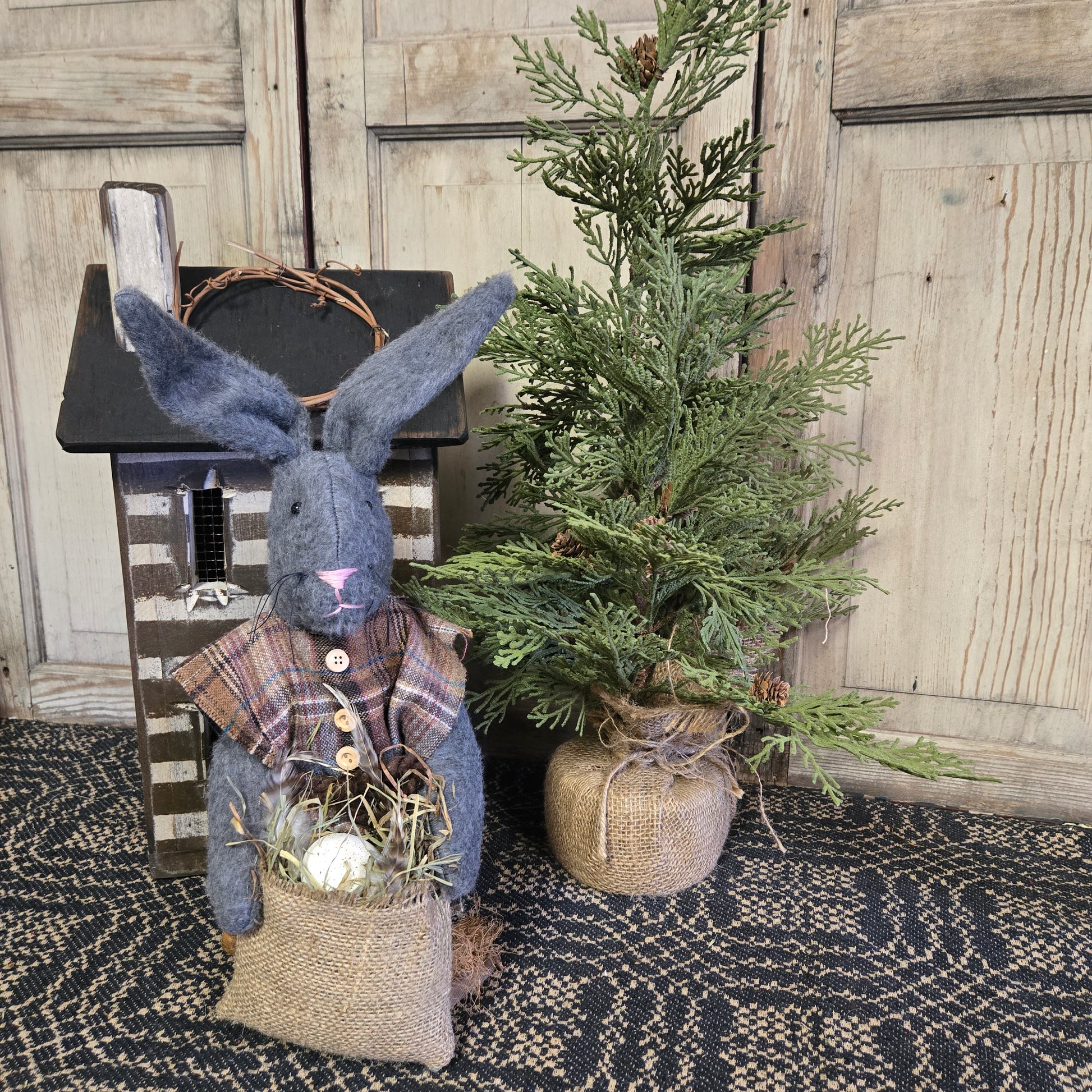 Primitive Gray Bunny Holding Bag with Egg