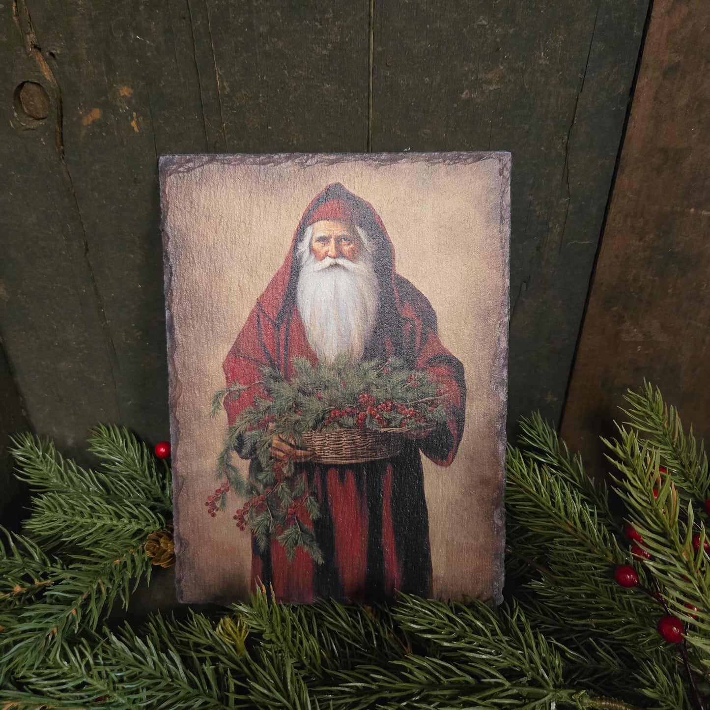 Belsnickel with Basket of Greenery on Slate