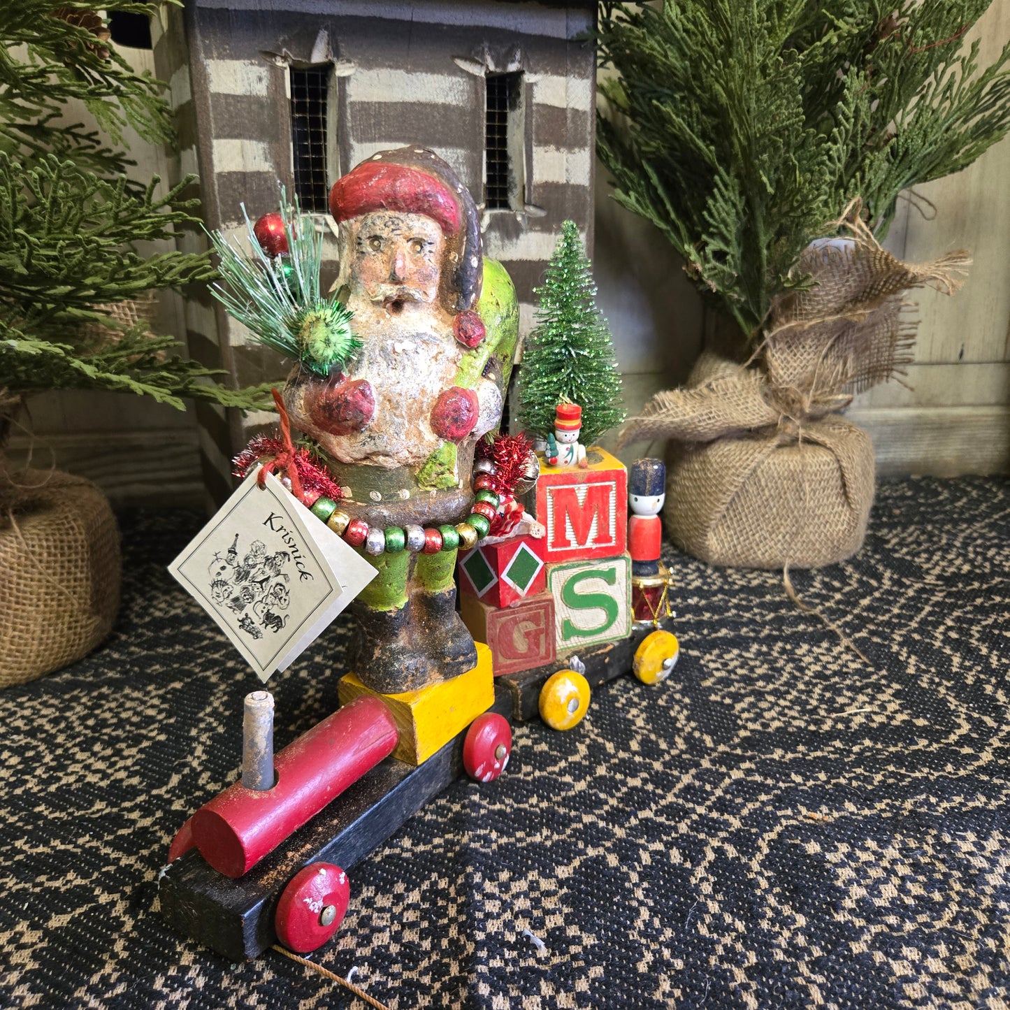 Krisnick Santa with Toys on Antique Train