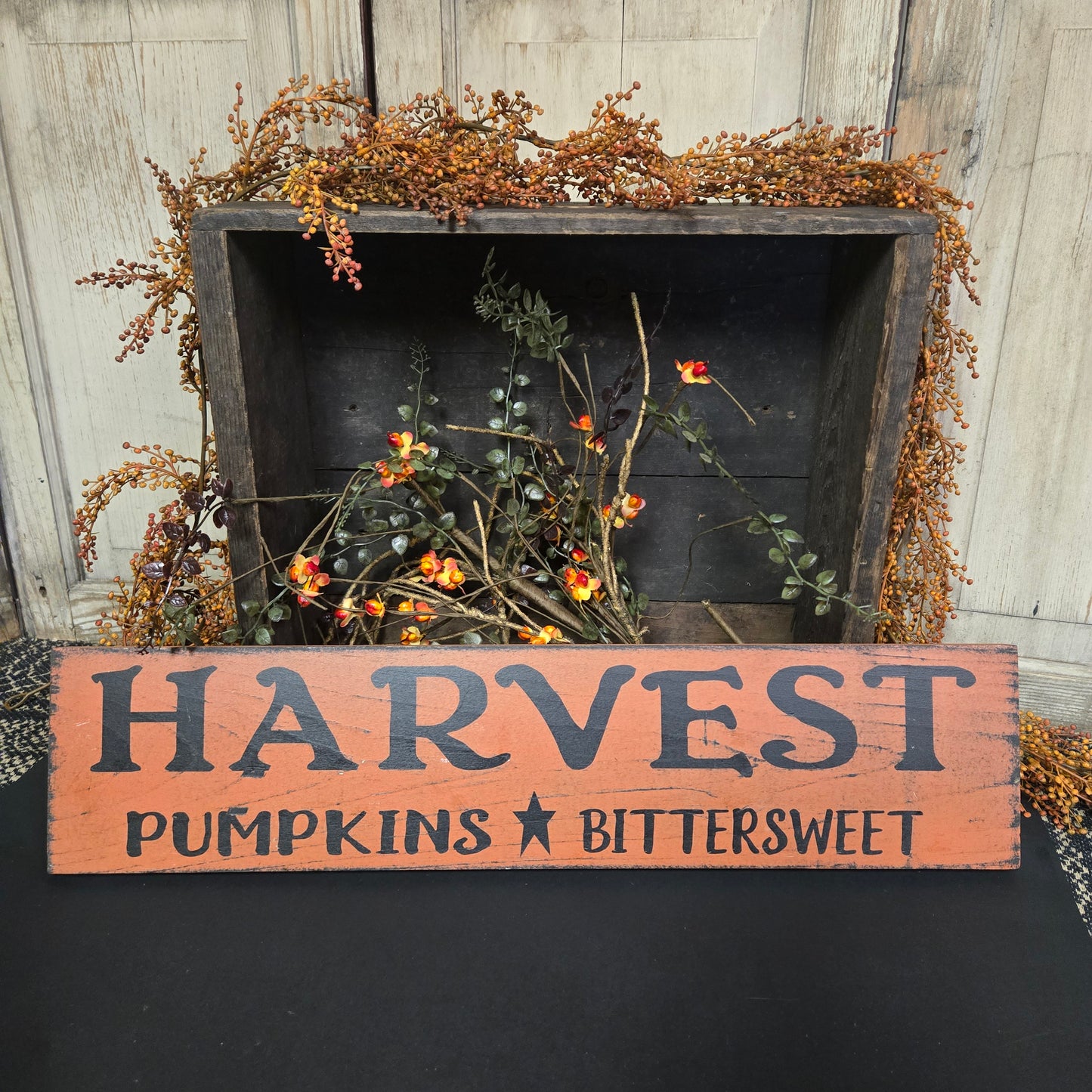Harvest Pumpkins Bittersweet Primitive Wood Sign