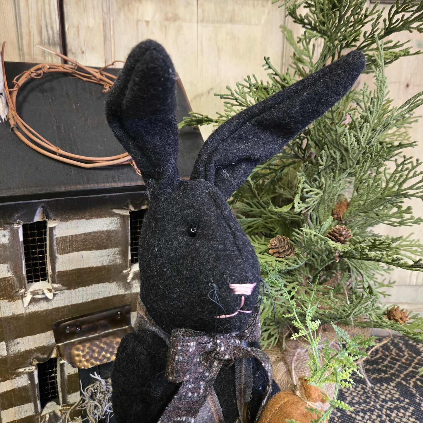Primitive Black Bunny Holding Carrot