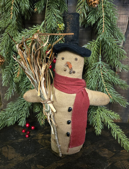 Snowman with Broom and Red Scarf