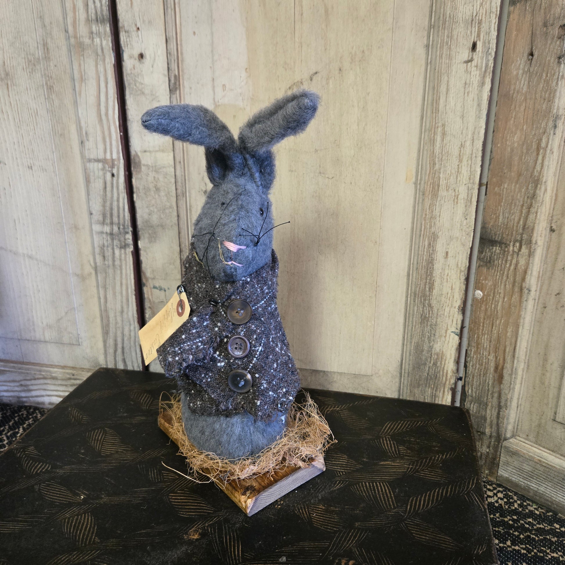 Primitive Gray Bunny on Wooden Base