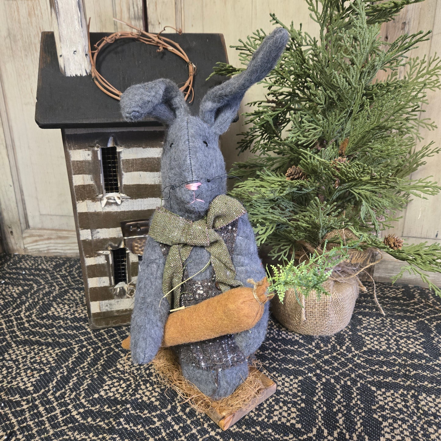 Primitive Gray Bunny Holding Carrot