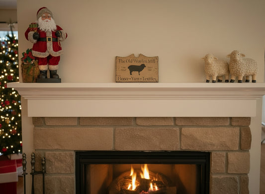 Decorated fireplace with Christmas lights, Santa figure, and 'The Old Woolen Mill' sign.