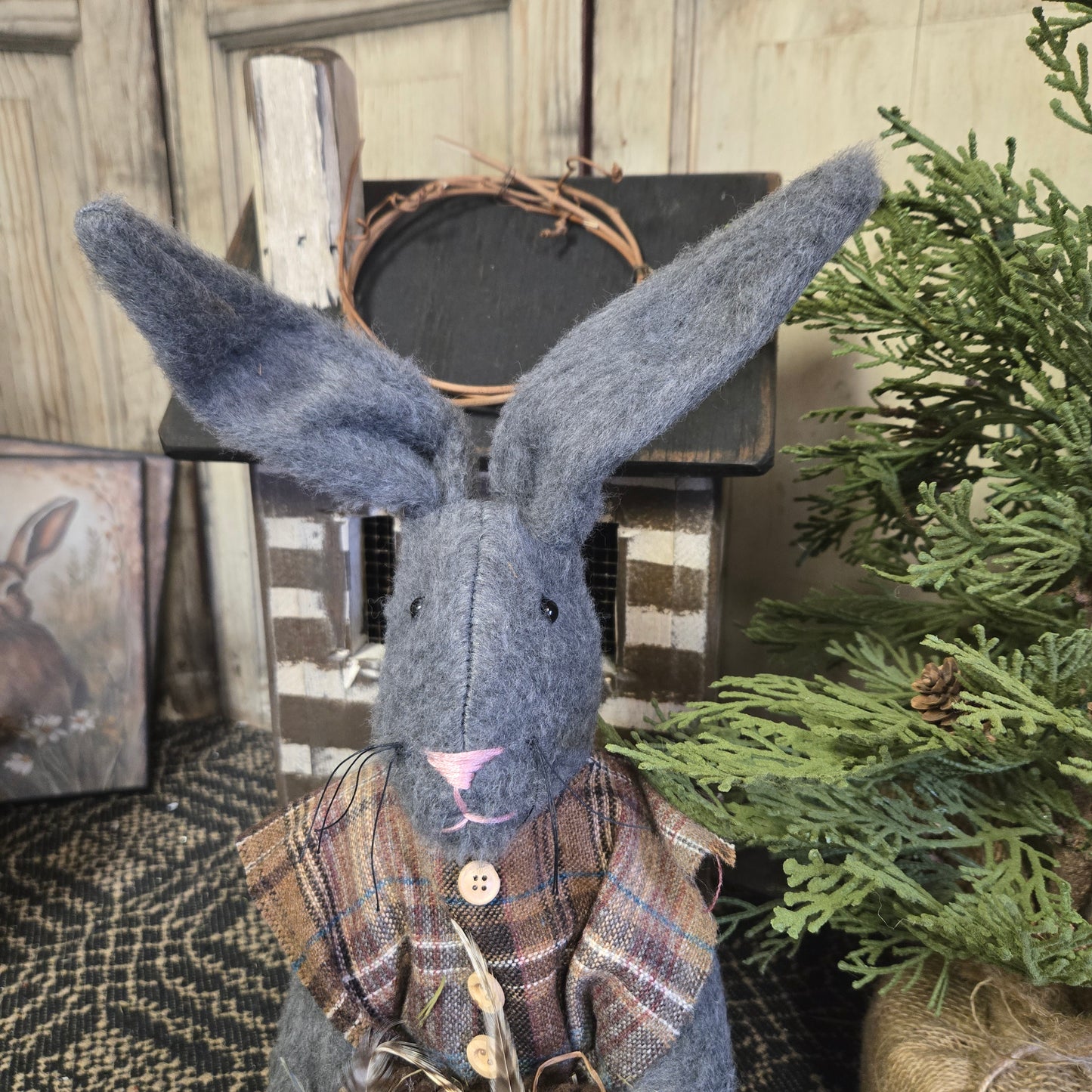 Primitive Gray Bunny Holding Bag with Egg