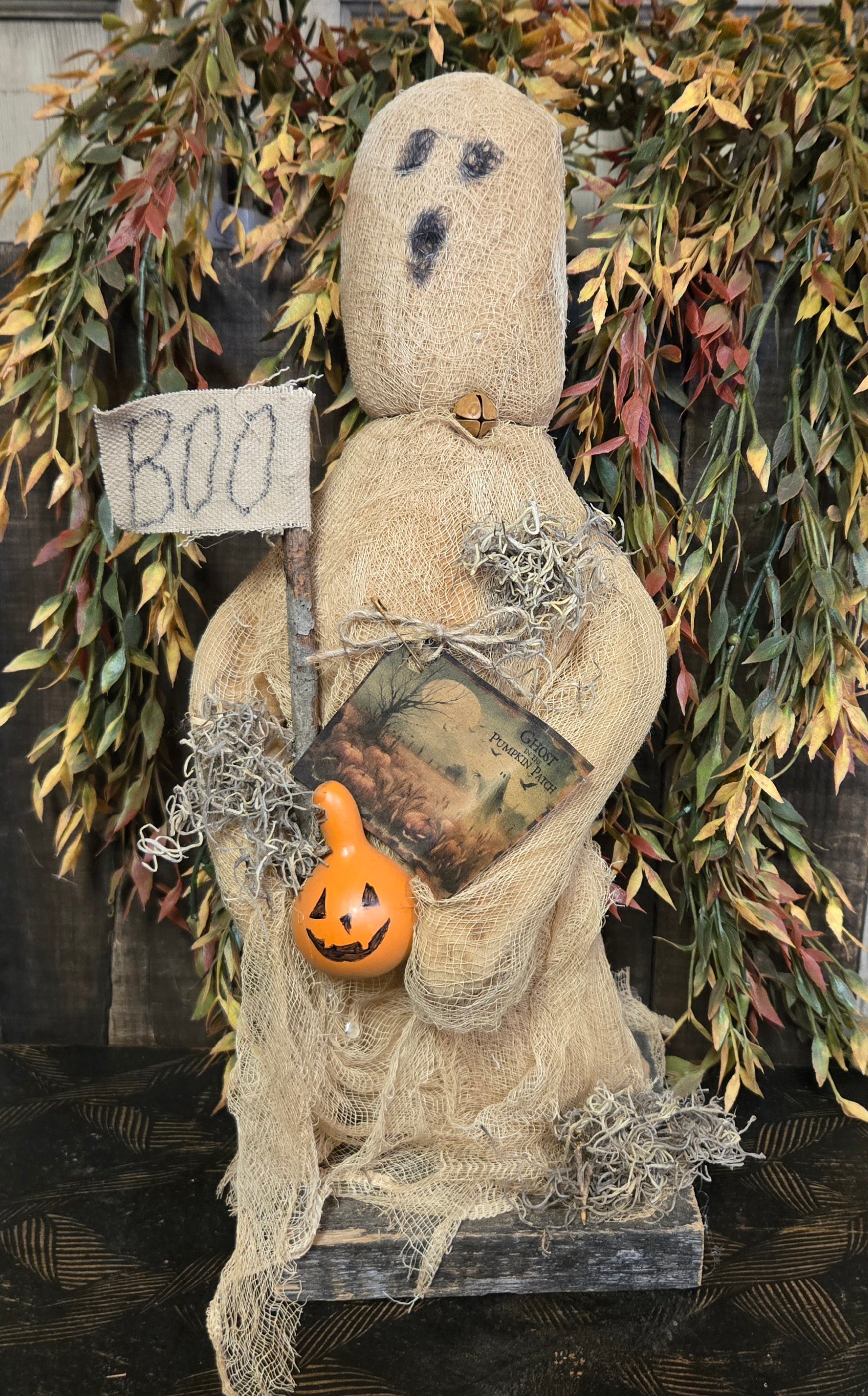 Ghost with Boo Flag and Pumpkin Gourd