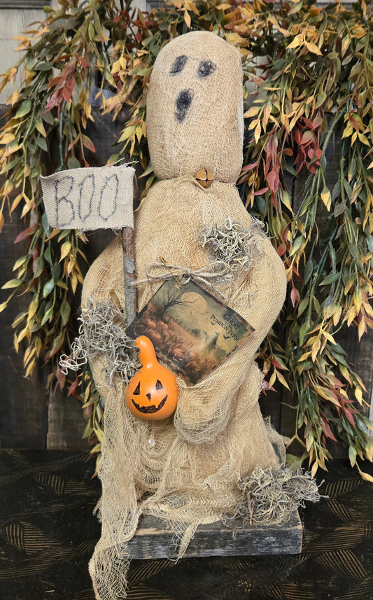 Ghost with Boo Flag and Pumpkin Gourd
