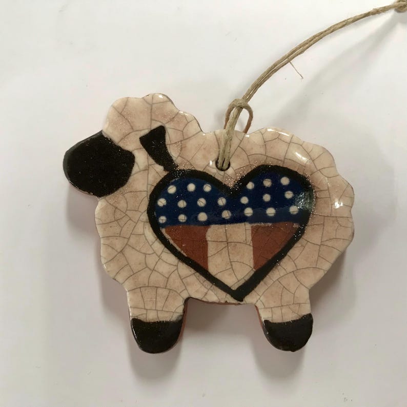 Sheep with Heart Redware Ornament