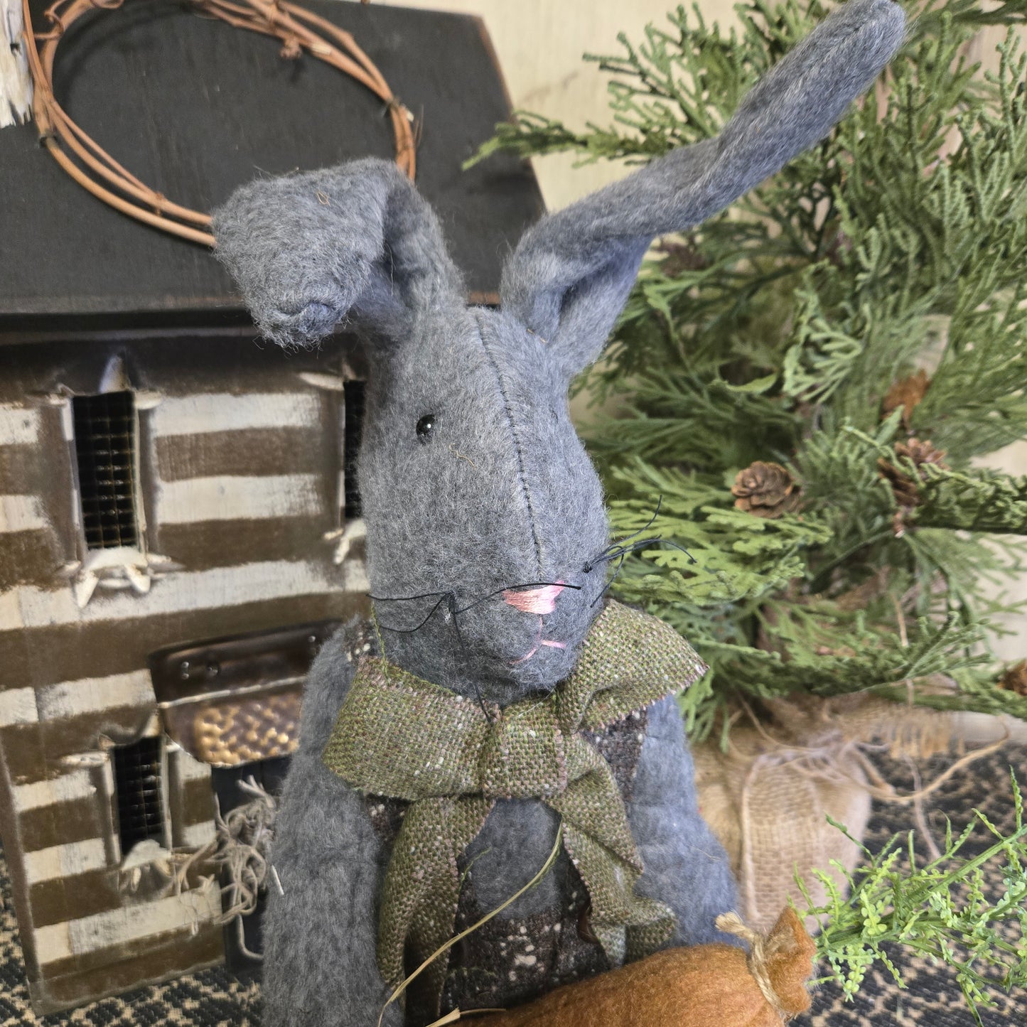 Primitive Gray Bunny Holding Carrot
