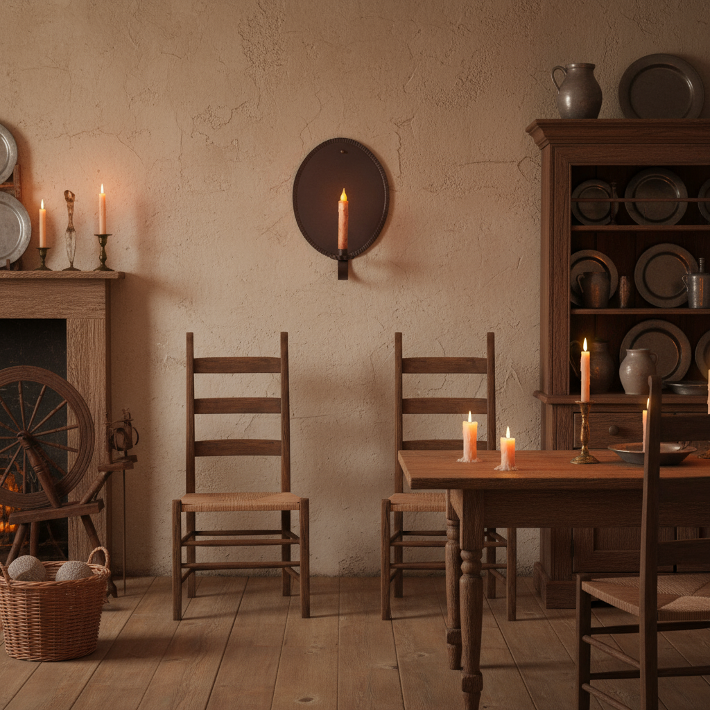 Dining room with wooden furniture and candles, warm lighting.