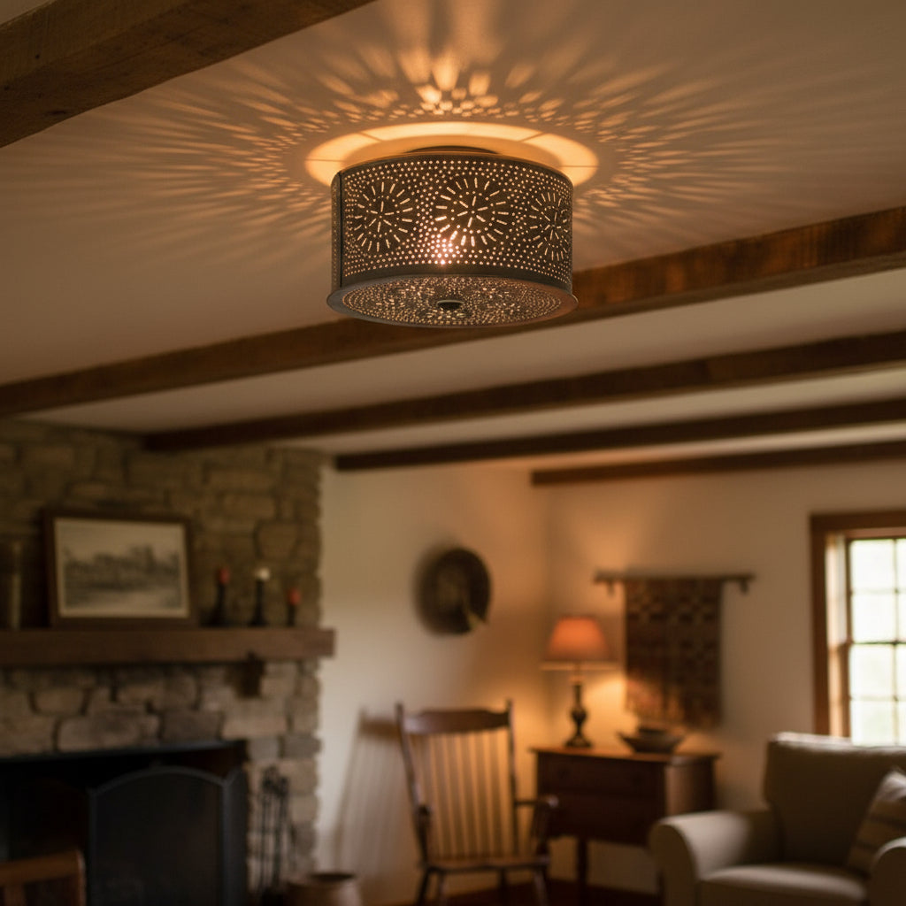 Decorative ceiling light fixture with intricate cut-out design on a white background