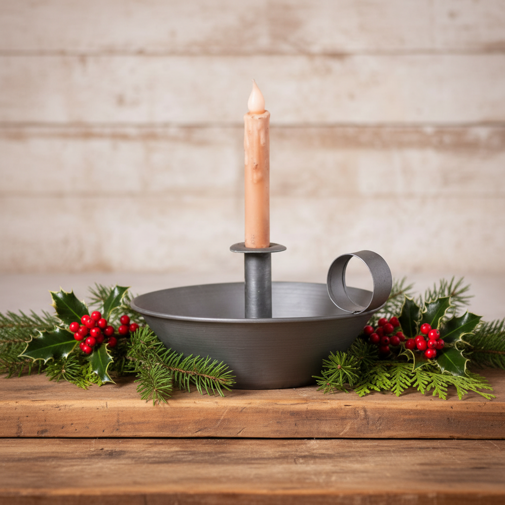 Decorative candle holder with a lit candle on a wooden surface with holly leaves and berries.