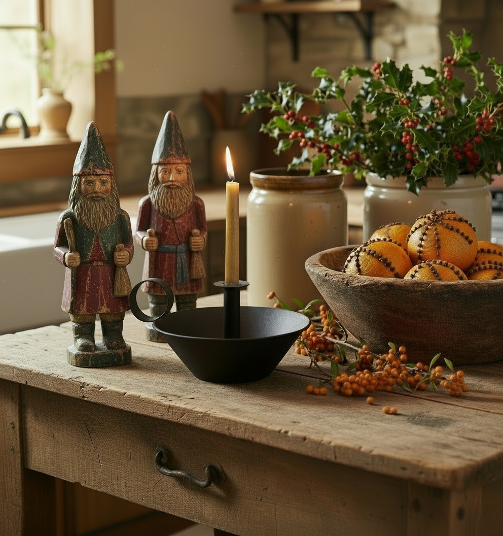Decorative setup with gnomes, candle, and pumpkins on a wooden surface.