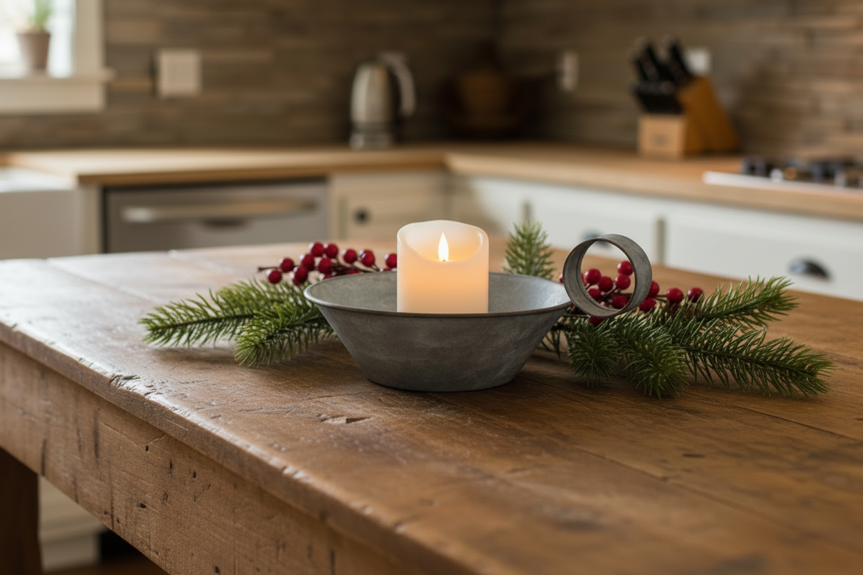 A lit white pillar candle sits in a dark gray metal bowl centerpiece, decorated with green pine branches and red berries on a rustic wooden table in a blurred kitchen setting.